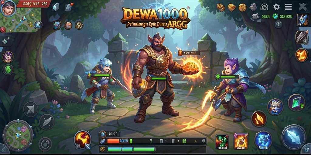 Tangkapan layar game ARPG DEWA1000 menampilkan pertarungan yang mendebarkan.