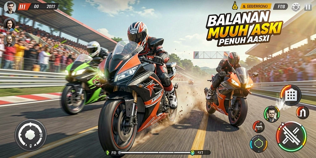 Screenshot F08 menampilkan aksi balapan motor yang seru dan menegangkan.
