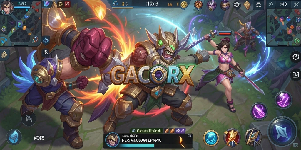 Screenshot GACORX menunjukkan pertarungan seru dalam permainan MOBA.