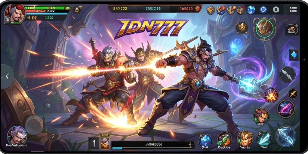Gameplay seru MOBA di IDN777 menunjukkan aksi pertempuran antar karakter.