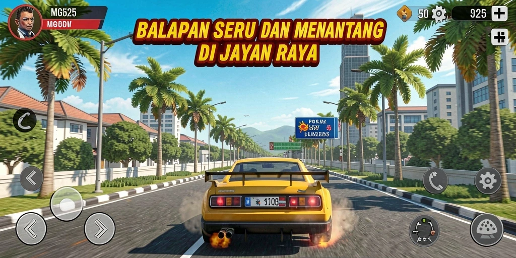 Screenshot gameplay MG525 menampilkan balapan yang intens dan mobil keren.