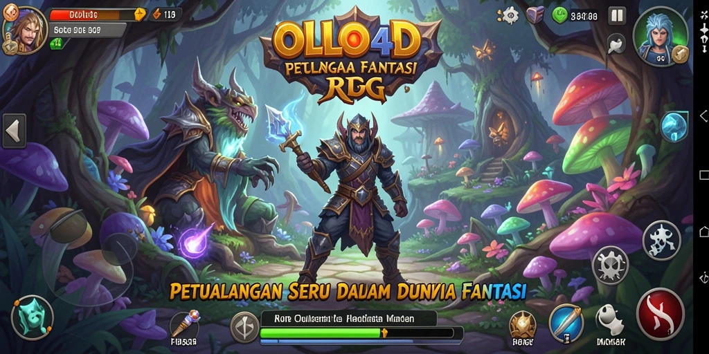 Screenshot menampilkan karakter utama di medan pertempuran RPG yang epik.