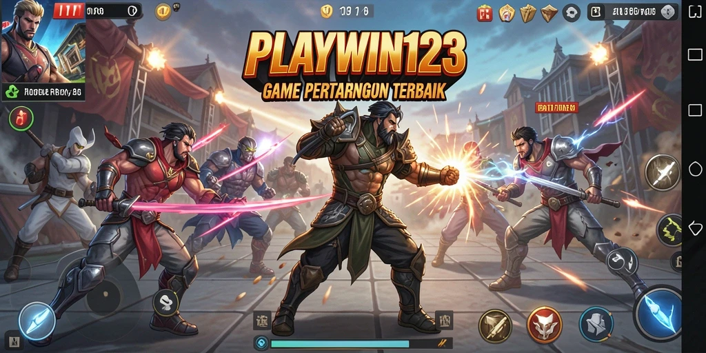 Screenshot aksi pertarungan seru di PLAYWIN123 dengan pemain bertarung di arena.