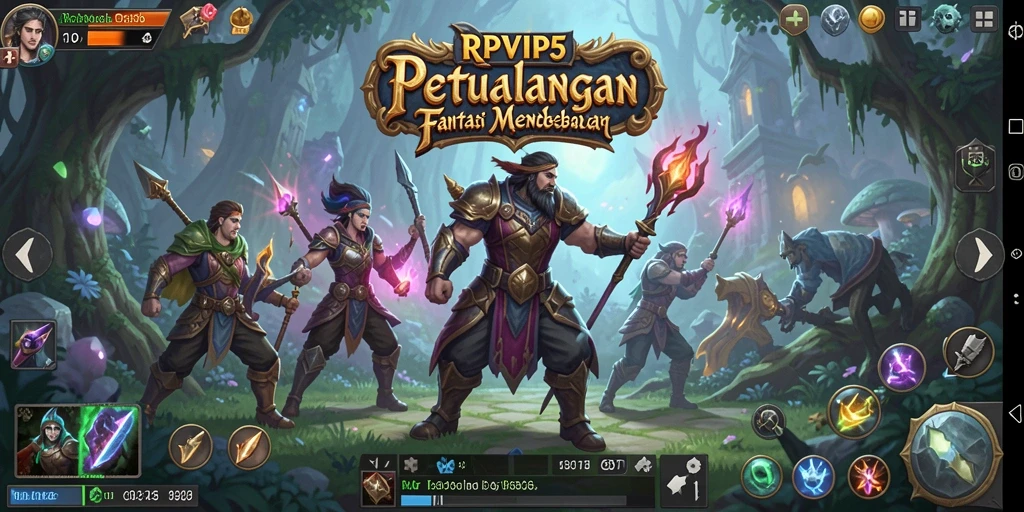 Screenshot gameplay RPVIP5 menampilkan pertarungan epik di dunia fantasi.
