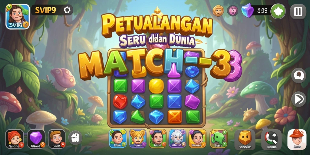Tampilan gameplay SVIP9 dengan permata cerah dan tantangan Match-3 yang seru.