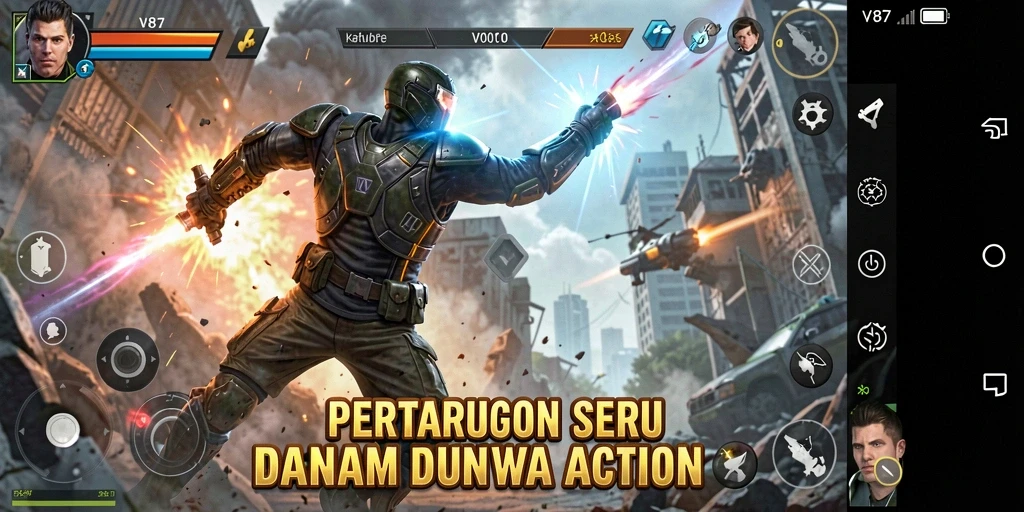 Screenshot utama V87 menampilkan aksi pertempuran yang seru dan mendebarkan.