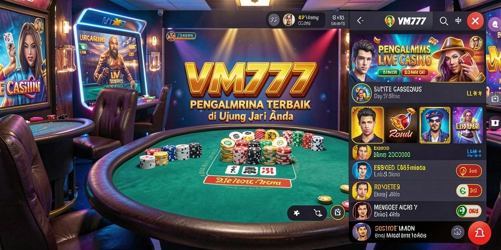 Screenshot gameplay VM777 menampilkan dealer profesional dan suasana kasino yang mendebarkan.