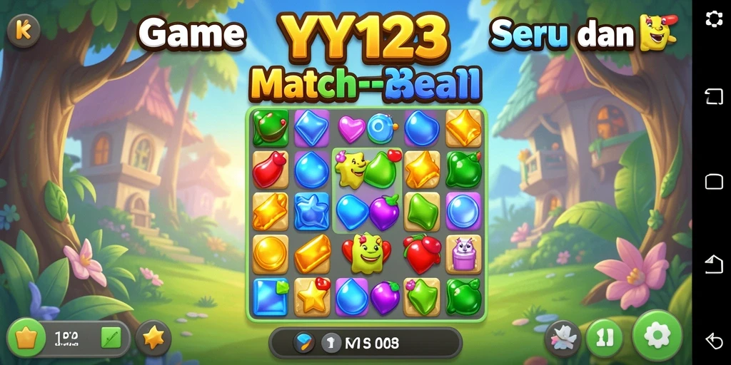 Tangkapan layar gameplay YY123 yang menampilkan kombinasi warna-warni permata untuk mencocokkan.